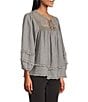 Multiples Petite Size Embroidered Band Collar 3/4 Sleeve Fringe Hem Top, Color:Medium Grey Denim - Image 3