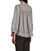 Multiples Petite Size Embroidered Band Collar 3/4 Sleeve Fringe Hem Top, Color:Medium Grey Denim - Image 4
