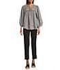 Multiples Petite Size Embroidered Band Collar 3/4 Sleeve Fringe Hem Top, Color:Medium Grey Denim - Image 5