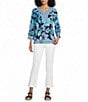 Multiples Petite Size Floral Stripe Split V-Neck 3/4 Sleeve Side Vents Top - Image 5