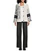 Multiples Petite Size Jacquard Knit Solid Mixed Print Collared 3/4 Sleeve Button-Front Cardigan, Color:Multi - Image 4