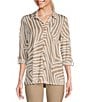 Color:Stone - Image 1 - Petite Size Jacquard Knit Zebra Print Point Collar Long Roll-Tab Sleeve Button-Front Shirt