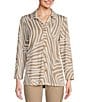 Color:Stone - Image 3 - Petite Size Jacquard Knit Zebra Print Point Collar Long Roll-Tab Sleeve Button-Front Shirt