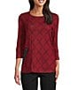 Multiples Petite Size Knit Geometric Print Scoop Neck 3/4 Sleeve Top, Color:Crimson Print - Image 1
