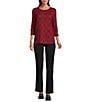 Multiples Petite Size Knit Geometric Print Scoop Neck 3/4 Sleeve Top, Color:Crimson Print - Image 3