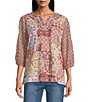Multiples Petite Size Mixed Media Embroidered Split Neck 3/4 Georgette Sleeve Top - Image 1