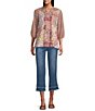 Multiples Petite Size Mixed Media Embroidered Split Neck 3/4 Georgette Sleeve Top - Image 5