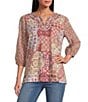 Multiples Petite Size Mixed Media Embroidered Split Neck 3/4 Georgette Sleeve Top - Image 1