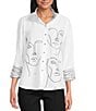 Multiples Petite Size Placement Print Wire Collar 3/4 Sleeve Button Front Shirt, Color:White - Image 1