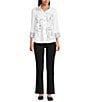 Multiples Petite Size Placement Print Wire Collar 3/4 Sleeve Button Front Shirt, Color:White - Image 3