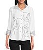 Multiples Petite Size Placement Print Wire Collar 3/4 Sleeve Button Front Shirt - Image 1