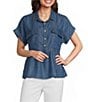 Multiples Petite Size Point Collar Short Dolman Sleeve Peplum Denim Top - Image 1