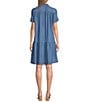 Multiples Petite Size Point Collar Short Sleeve Drop Shoulder Button-Front Denim Dress - Image 2