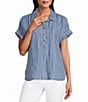 Multiples Petite Size Print Denim Point Collar Short Dolman Cuffed Sleeve Button-Front Top - Image 1