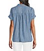 Multiples Petite Size Print Denim Point Collar Short Dolman Cuffed Sleeve Button-Front Top - Image 2