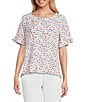 Multiples Petite Size Printed Slub Crinkle Scoop Neck 3/4 Sleeve Hi-Low Hem Ruffle Top, Color:Multi - Image 1