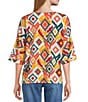 Multiples Petite Size Slub Knit Diamond Multi V-Neck 3/4 Dolman Sleeve Top, Color:Diamond Multi - Image 2
