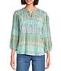 Multiples Petite Size Slub Knit Embroidered Printed Split V-Neck 3/4 Sleeve Top, Color:Multi - Image 1