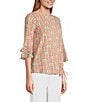Multiples Petite Size Slub Knit Georgette Floral Multi Boat Neck 3/4 Sleeve Fitted Ruched Side Drawstring Top, Color:Floral Multi - Image 3
