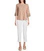 Multiples Petite Size Slub Knit Georgette Floral Multi Boat Neck 3/4 Sleeve Fitted Ruched Side Drawstring Top, Color:Floral Multi - Image 5