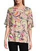Multiples Petite Size Slub Knit Georgette Multi Print Scoop Neck 3/4 Flounce Sleeve Fitted Top, Color:Multi - Image 1