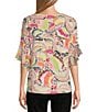 Multiples Petite Size Slub Knit Georgette Multi Print Scoop Neck 3/4 Flounce Sleeve Fitted Top, Color:Multi - Image 2