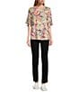 Multiples Petite Size Slub Knit Georgette Multi Print Scoop Neck 3/4 Flounce Sleeve Fitted Top, Color:Multi - Image 3