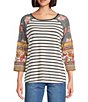 Multiples Petite Size Slub Knit Printed Scoop Neck 3/4 Raglan Sleeve Top, Color:Multi Print - Image 1
