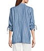 Multiples Petite Size Slub Woven Printed Stand Collar 3/4 Drawstring Sleeve Hi-Low Hem Button Front Shirt, Color:Denim Print - Image 2