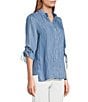 Multiples Petite Size Slub Woven Printed Stand Collar 3/4 Drawstring Sleeve Hi-Low Hem Button Front Shirt, Color:Denim Print - Image 3