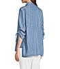 Multiples Petite Size Slub Woven Printed Stand Collar 3/4 Drawstring Sleeve Hi-Low Hem Button Front Shirt, Color:Denim Print - Image 4
