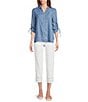 Multiples Petite Size Slub Woven Printed Stand Collar 3/4 Drawstring Sleeve Hi-Low Hem Button Front Shirt, Color:Denim Print - Image 5