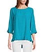 Color:Ocean - Image 1 - Petite Size Slub Woven Scoop Neck 3/4 Sleeve Ruffled Fitted Top