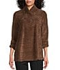 Multiples Petite Size Soft Textured Striped Knit Wrap Collar 3/4 Bungee Sleeve Top, Color:Rich Chocolate - Image 1