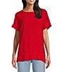 Color:Red - Image 1 - Petite Size Solid Slub Woven Scoop Neck Short Sleeve High-Low Hem Ruffled Top