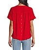 Color:Red - Image 2 - Petite Size Solid Slub Woven Scoop Neck Short Sleeve High-Low Hem Ruffled Top