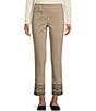Color:Stone - Image 1 - Petite Size Solid Twill Straight Leg Embroidered Hem Pull-On Ankle Pant