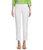 Color:White - Image 1 - Petite Size Solid Twill Straight Leg Pom Pom Hem Pull-On Demin Cropped Pants