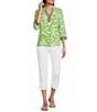 Multiples Petite Size Stand Collar 3/4 Sleeve Contrast Stripe Trim Top - Image 3