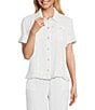 Multiples Petite Size Textured Slub Woven Point Collar Short Sleeve Ruffle Detail Fitted Button Front Jean Jacket, Color:White - Image 1