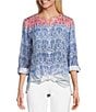 Color:Multi - Image 1 - Petite Size Textured Woven Printed Band V-Neck Long Roll-Tab Sleeve Button-Front Shirt