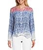 Color:Multi - Image 3 - Petite Size Textured Woven Printed Band V-Neck Long Roll-Tab Sleeve Button-Front Shirt