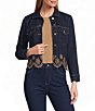 Multiples Petite Size Two-Way Stretch Denim Embroidered Scalloped Hem Button-Front Jacket - Image 1