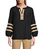 Multiples Petite Size Woven Banded Notch Neck 3/4 Inset Trim Sleeve Top, Color:Black - Image 1
