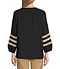 Multiples Petite Size Woven Banded Notch Neck 3/4 Inset Trim Sleeve Top, Color:Black - Image 2