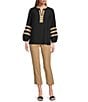 Multiples Petite Size Woven Banded Notch Neck 3/4 Inset Trim Sleeve Top, Color:Black - Image 3