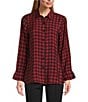 Multiples Petite Size Woven Checked Floral Print Point Collar 3/4 Turn-Up Sleeve Button-Front Shirt, Color:Multi - Image 1