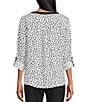 Multiples Petite Size Woven Dotted Split Round Band V-Neck Long Roll-Tab Sleeve Top, Color:Black/White Print - Image 2