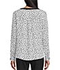 Multiples Petite Size Woven Dotted Split Round Band V-Neck Long Roll-Tab Sleeve Top, Color:Black/White Print - Image 4