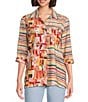 Multiples Petite Size Woven Multi Print Point Collar 3/4 Sleeve Button Front Fitted Shirt, Color:Multi - Image 1